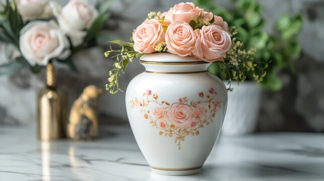 バラの装飾が施された白い骨壺。ピンクの薔薇の花が添えられた供養用の遺灰入れ。大理石の祭壇に置かれた華やかなメモリアル