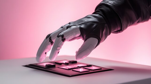 ピンク色の照明の下で光るコントロールパネルを操作するロボットの手。未来的な自動化とテクノロジーの概念