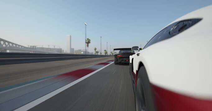 Race cars driving side by side on a racetrack during daytime, close view with motion blur emphasizing speed, clear sky and track details visible
