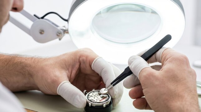 Watchmaker repairing a mechanical watch movement under a magnifying lamp using tweezers