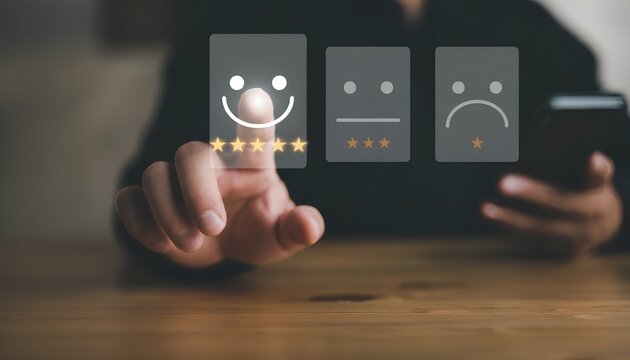 Customer satisfaction feedback concept with a person using smartphone smiling at virtual review icon for service evaluation business reputation and positive user experience