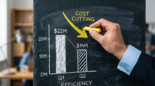 Concept of cost cutting and business efficiency shown by a bar graph and arrow on a chalkboard.