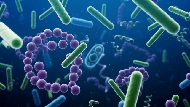 Colorful microscopic bacteria and microbes moving in liquid environment representing infection biology research and healthcare science concept