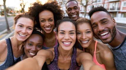 Fototapeta premium Joyful runners celebrate their achievement with a cheerful selfie in the city