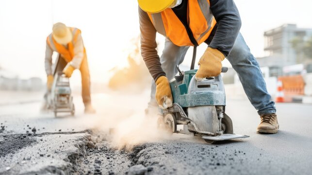 Two road construction workers operating compact electric paver on asphalt surface at construction site