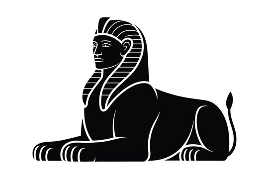 Black silhouette of a sphinx with striped headdress egyptian mythology