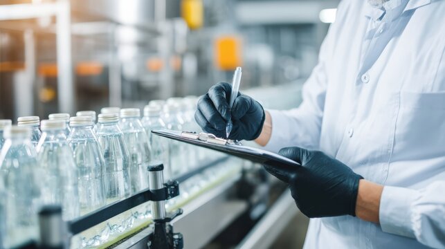 Food safety technician in white lab coat checks bottled water quality on production line