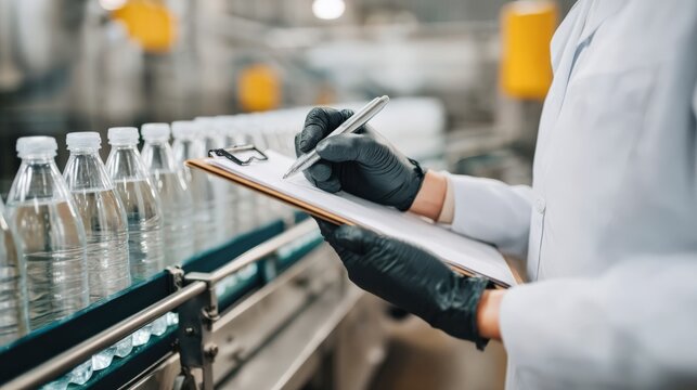 Food safety technician in white coat checks water bottles on production line with clipboard