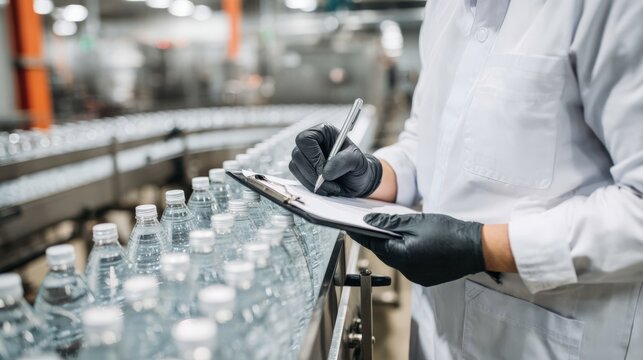 Food safety technician in white lab coat checks bottled water quality on production line
