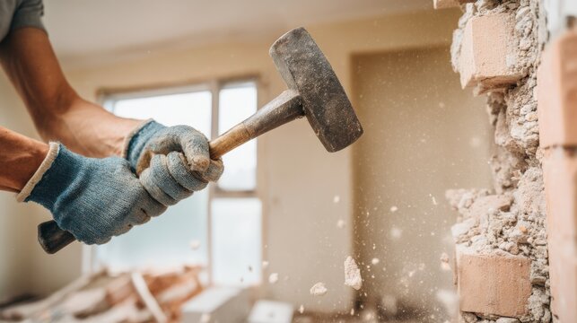 Close up of demolition worker's gloved hand swinging heavy hammer against wall debris