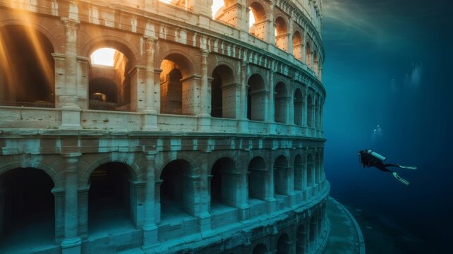 Colis&eacute;e romain englouti, et plongeur sous l'eau _ Sunken Roman Colosseum, with scuba diver underwater 