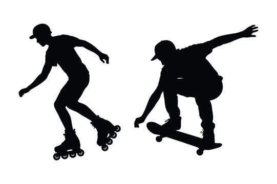 Silhouettes of a skateboarder and rollerblader performing tricks with activity
