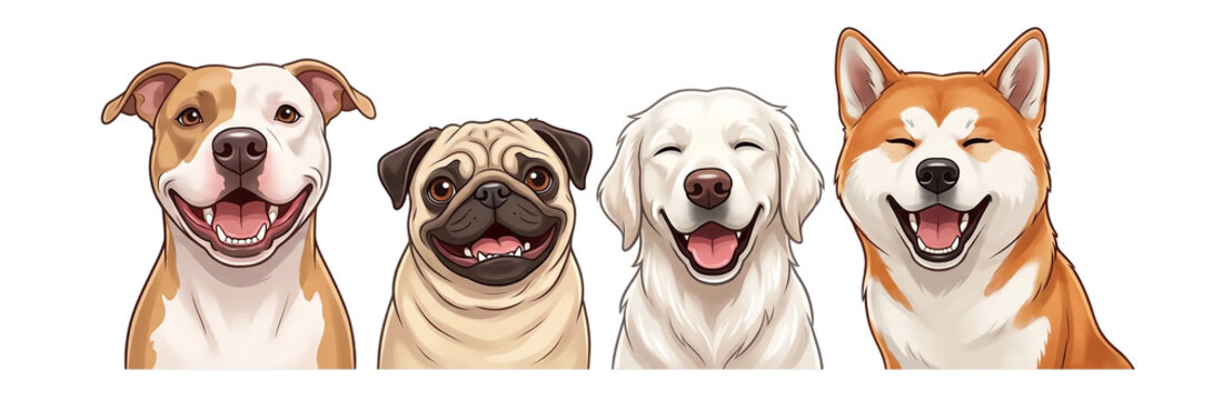 Cute dog breed collection with happy smiling faces including pit bull pug labrador and shiba inu flat vector illustration isolated on white background