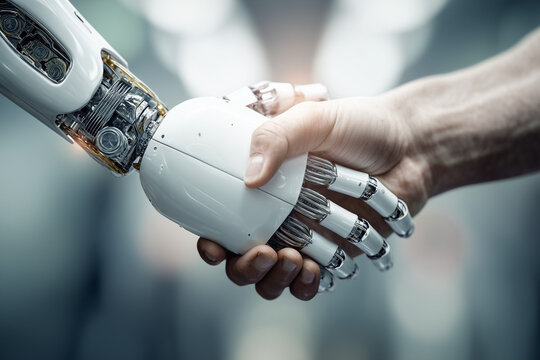 Closeup handshake between human and advanced humanoid robot, artificial intelligence cooperation concept, futuristic automation partnership, human machine interaction, AI trust innovation technology