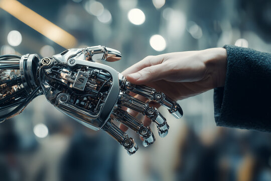 Human hand touching advanced humanoid robot hand, futuristic AI collaboration concept, human and artificial intelligence connection, robotic technology partnership, cyber innovation background