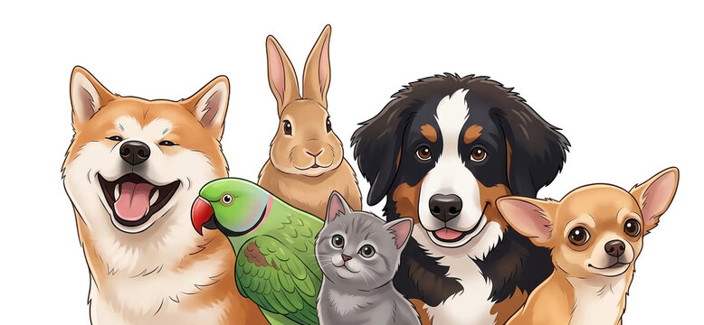 Adorable domestic pets group including various dogs cat rabbit and parrot sitting together flat vector illustration isolated on white background