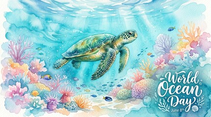 Fototapeta premium Sea turtle swimming among colorful corals celebrating World Ocean Day. 