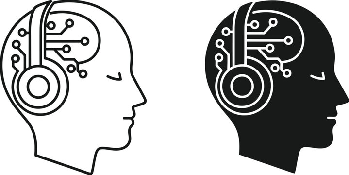 Cybernetic head with headphones icon set line art and solid fill