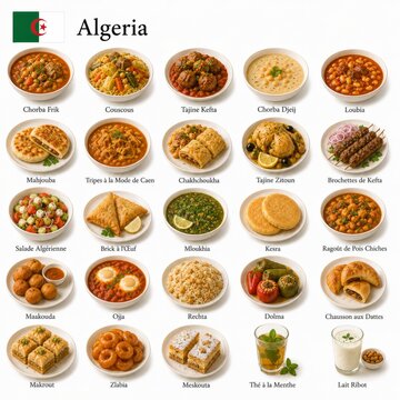 En la imagen se muestran los platos m&aacute;s famosos de la cocina argelina como cusc&uacute;s, chorba, tajine y makroud, destacando recetas tradicionales y sabores aut&eacute;nticos de Argelia.

