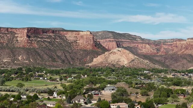 Aerial of Colorado National Monument and Redlands neighborhood in Grand Junction Colorado in spring