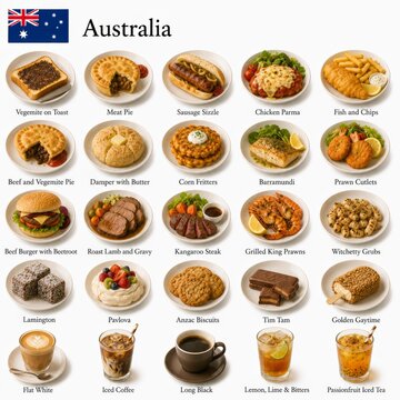  En la imagen se presentan los platos m&aacute;s famosos de la cocina australiana como vegemite toast, meat pie, barramundi y pavlova, destacando cl&aacute;sicos gastron&oacute;micos y sabores tradicionales de Australia.

