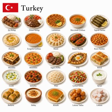 En la imagen se muestran los platos m&aacute;s famosos de la cocina turca como iskender kebab, lahmacun, dolma y baklava, destacando sabores intensos y recetas tradicionales de Turqu&iacute;a.
