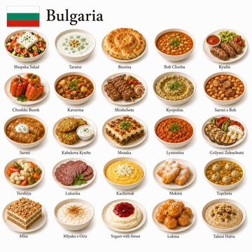 En la imagen se muestran los platos m&aacute;s famosos de la cocina b&uacute;lgara como shopska salad, banitsa, kebapche y kavarma, representando sabores balc&aacute;nicos tradicionales de Bulgaria.
