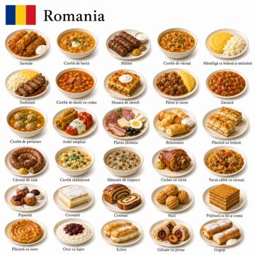 En la imagen se presentan los platos m&aacute;s famosos de la cocina rumana como sarmale, mici, mamaliga y papanasi, destacando recetas tradicionales y sabores aut&eacute;nticos de Rumania.

