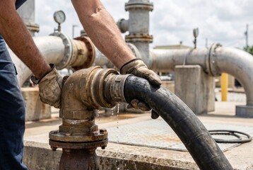 Fototapeta premium Industrial worker in heavy gloves connecting a thick black water hose to a metal pump pipe