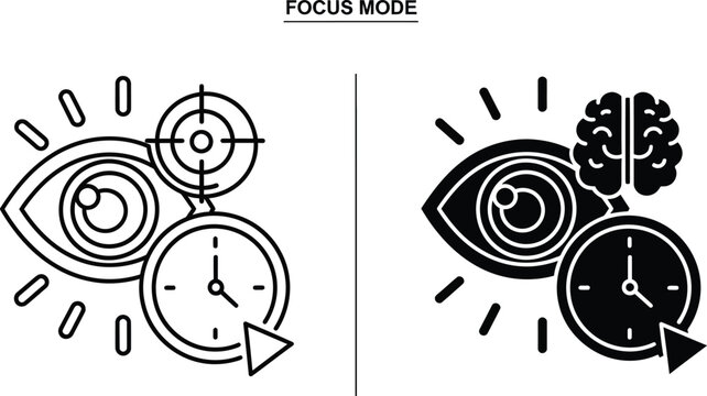 Focus mode icon set line art and solid silhouette designs