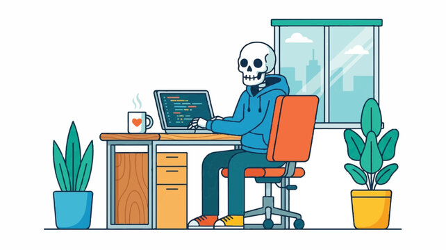 Illustration of a skeleton sitting at a desk working on a laptop with plants and a window in the background.