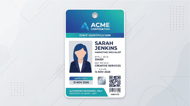 Close-up of a company employee ID card with a woman's portrait on a light grey background.