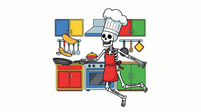 A skeleton wearing a chef's hat and apron dancing in a colorful kitchen with pots and pans.