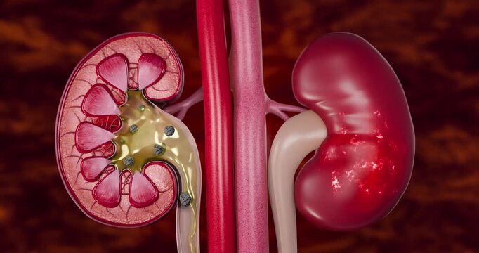 Kidney stones inside renal pelvis causing urinary obstruction, severe pain, inflammation, and impaired urine flow within the human urinary and excretory systems. 3D Rendering
