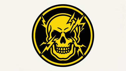 Fototapeta premium Close-up of a yellow and black skull logo with lightning bolts on a white background