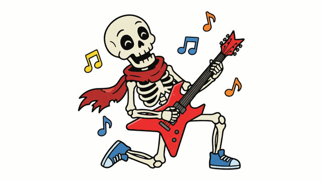 A cartoon skeleton wearing a red scarf and shoes playing an electric guitar with colorful musical notes floating around on a white background.
