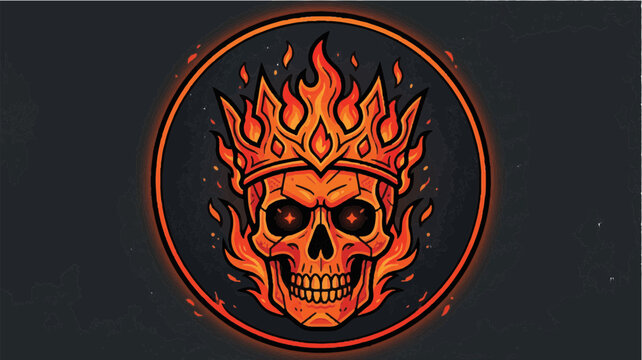 Vibrant orange skull with flames and crown in a circle on dark background