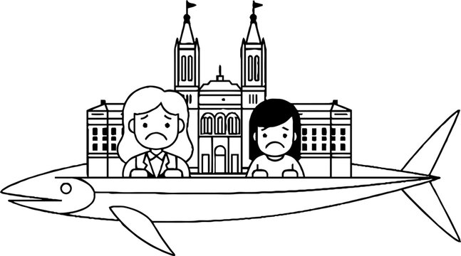 Two sad women with historical building on a fish