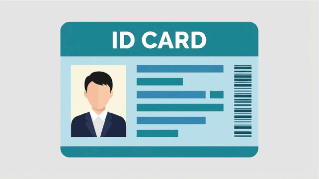 Illustration of a man's ID card with a barcode and personal details in a teal and blue color scheme on a gray background