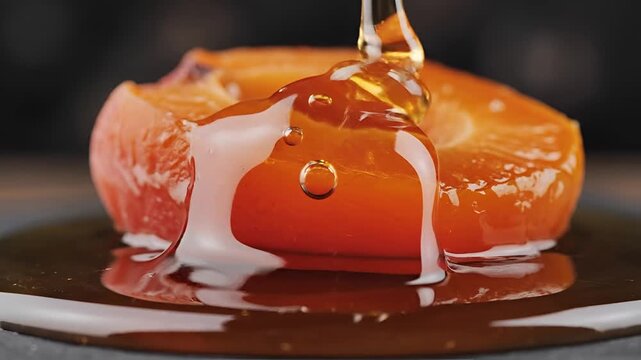 Closeup of Honey Drizzling Over Baked Apple Dessert.