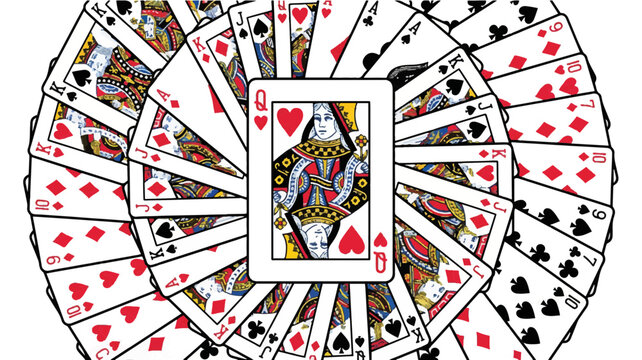 Flat lay of a queen of hearts playing card surrounded by a colorful fan of poker cards on a white background.