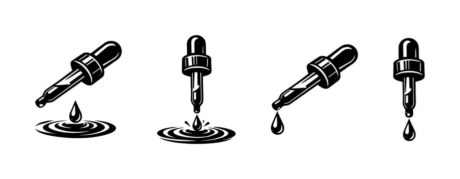 Set of black and white dropper illustrations with droplets vector elements