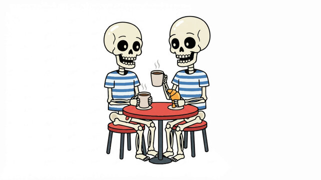 Illustration of two skeletons sitting at a red table eating pizza and drinking coffee on a white background with a humorous and quirky mood.