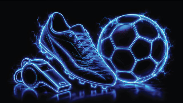 Neon blue soccer boot and football close-up with electric motion particles, futuristic sports artwork