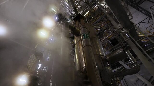 a section of an industrial installation where interconnected pipes and large cylindrical units guide heated material and pressure driven flow. Steam escapes from several points in the system
