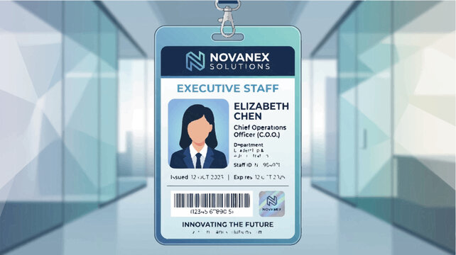 Close-up of a corporate executive staff ID card with a woman's portrait in a modern office corridor with blue tones.