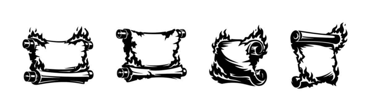 Black and white vector illustration of burning scrolls silhouette, vintage paper elements