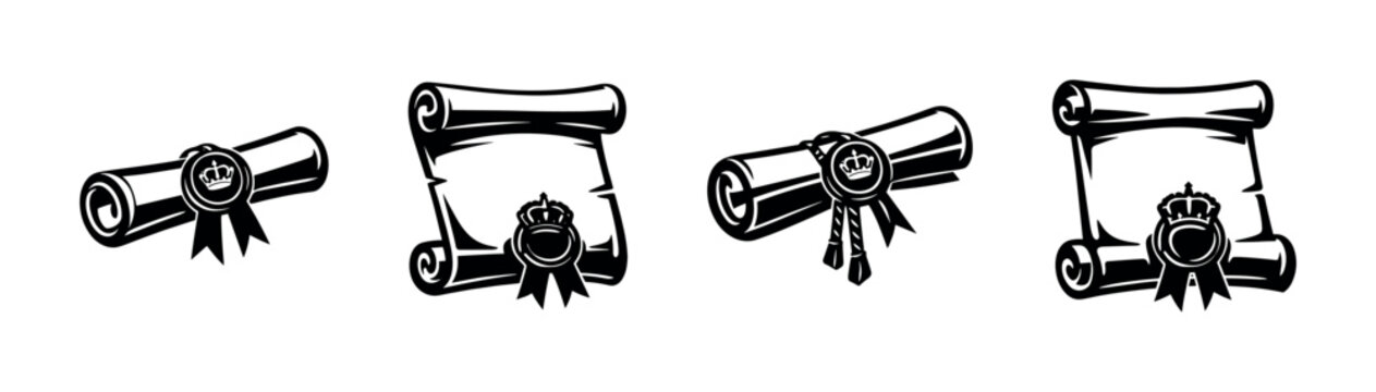Vintage scrolls with royal seals, illustration, black and white, set of decorative elements