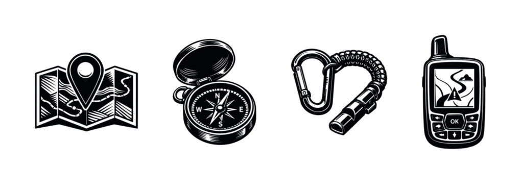 Vintage style vector illustration of compass gps map and carabiner camping elements
