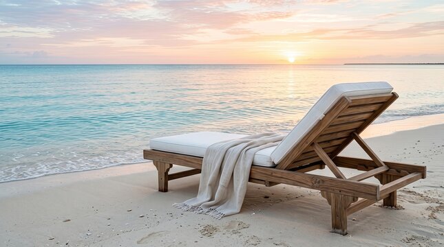 Sunset beach scene with empty chair, soft golden light, calm turquoise ocean, gentle waves lapping